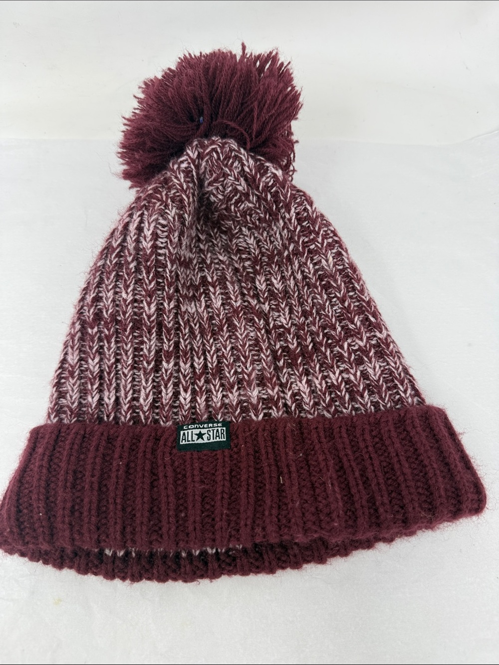 Converse All Star Marled Burgundy Pom Pom Beanie Winter Knit Hat